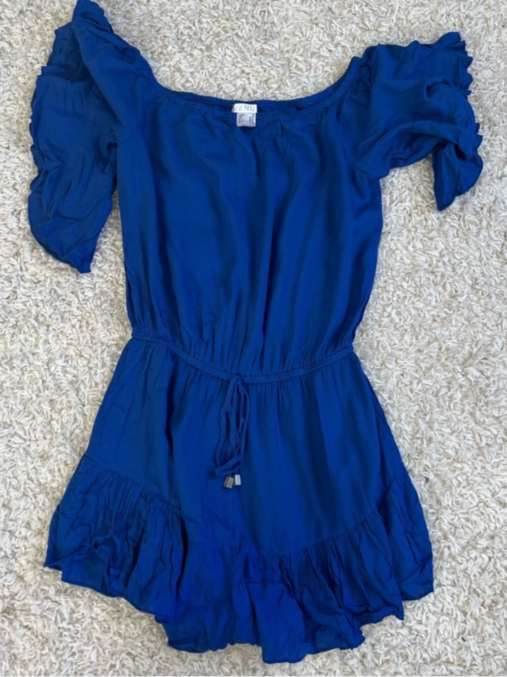 VENUS Royal Blue Off-Shoulder Romper with Ruffle Hem